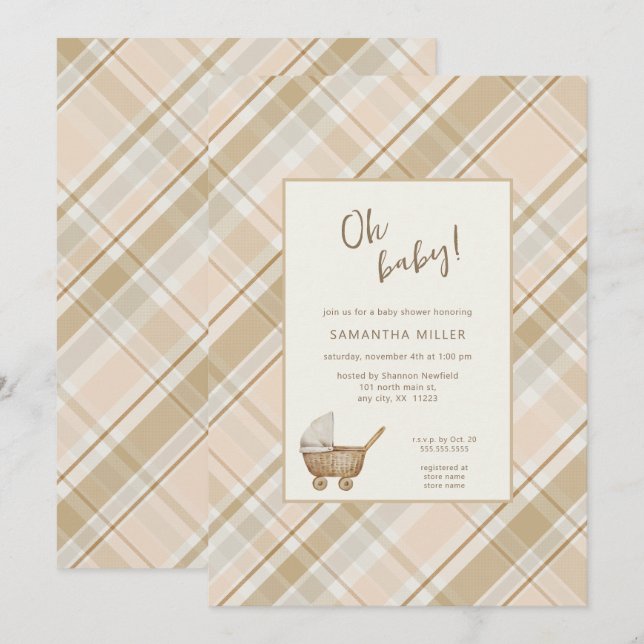 Neutral Plaid baby carriage  Invitation (Front/Back)