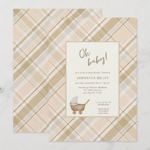 Neutral Plaid baby carriage Invitation