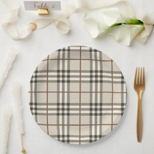 Neutral Plaid Cozy Classic Pattern Paper Plate