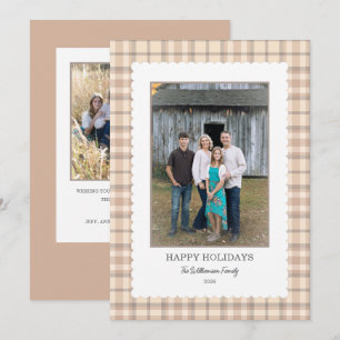 Neutral Plaid Scallop Frame Photo Christmas Holiday Card
