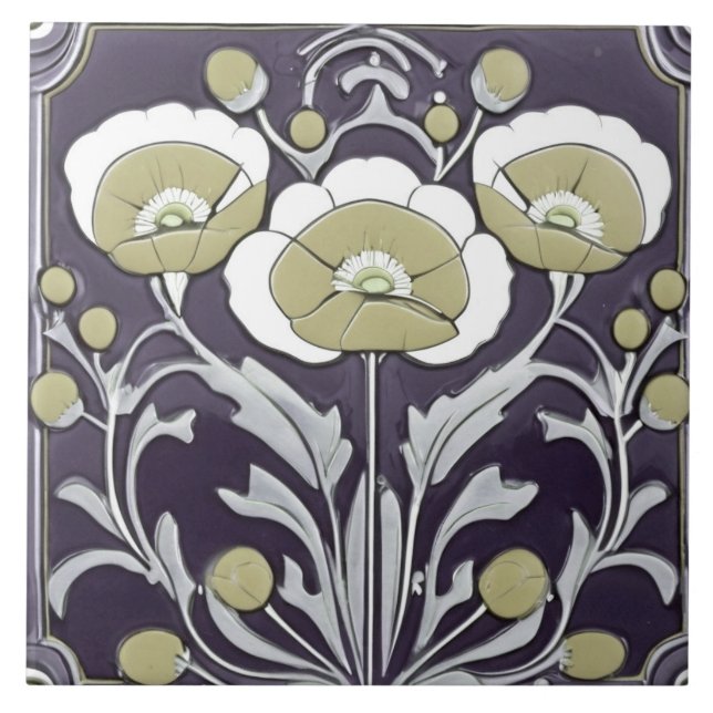 Neutral Poppies Poppy Flower Art Nouveau Deco Folk Tile (Front)