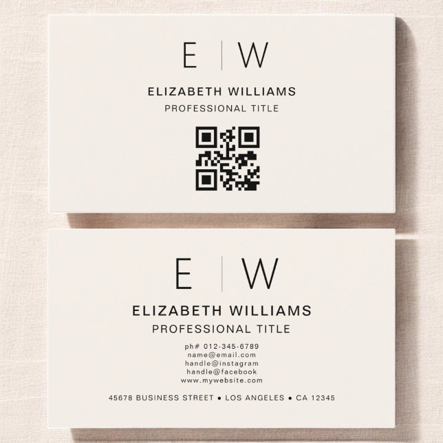 Neutral QR Code Monogram Minimalist Modern Business Card (Creator Uploaded)