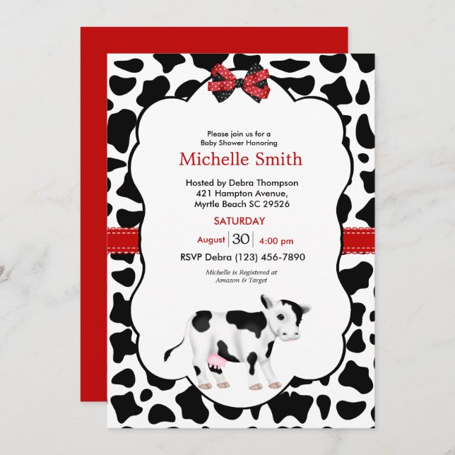 Neutral Red Black Cow Print Baby Shower Invitation (Front/Back)