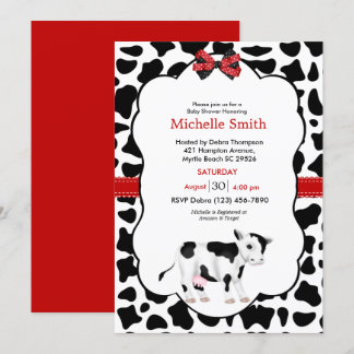 Neutral Red Black Cow Print Baby Shower Invitation