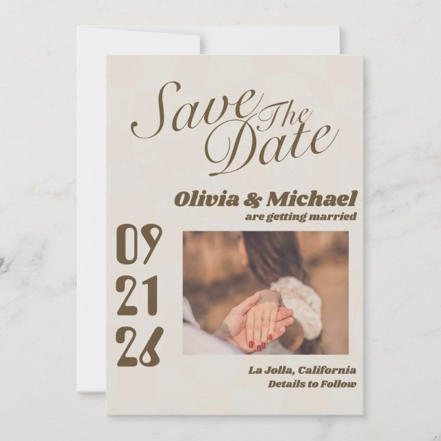 Neutral Retro Funky Disco Wedding Bold Modern Fun Save The Date (Front)