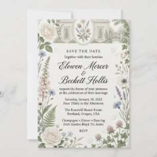 Neutral Roses, Foxgloves, White Anemones, Clover,  Invitation