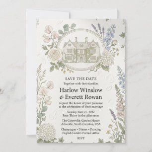 Neutral Roses, Sweet Peas, Foxgloves, Chamomile, H Invitation