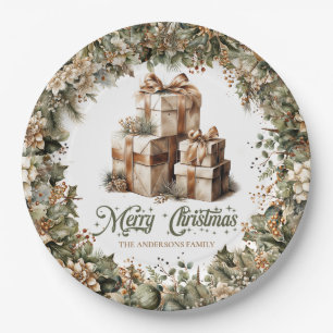 Neutral rustic earthy tones green gold presents paper plate
