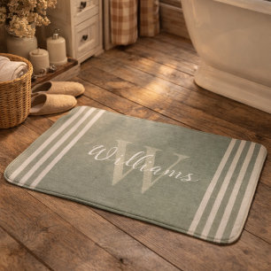 Neutral Rustic Sage Green Stripe Farmhouse Cottage Bath Mat
