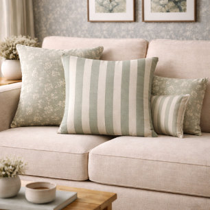 Neutral Rustic Sage Green Stripe Farmhouse Cottage Throw Pillow