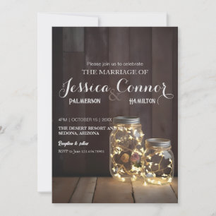Neutral Rustic Wood Barn Wedding Mason Jar Lights Invitation