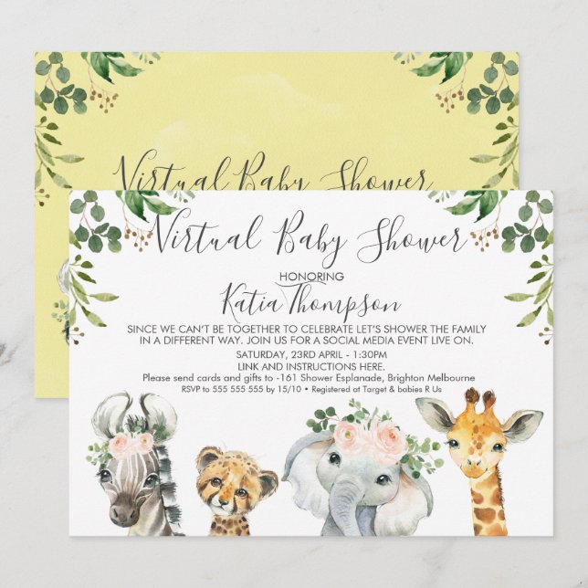 Neutral Safari Animals Virtual Baby Shower  Invitation (Front/Back)
