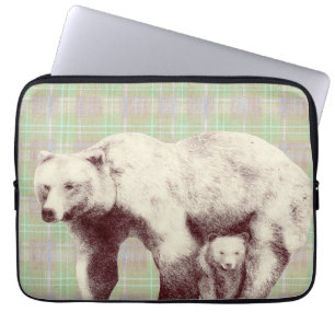 Neutral Sage Plaid Bear Laptop Sleeve