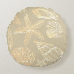 Neutral Sand Tan Beige Seashell Shells Beach House Round Pillow