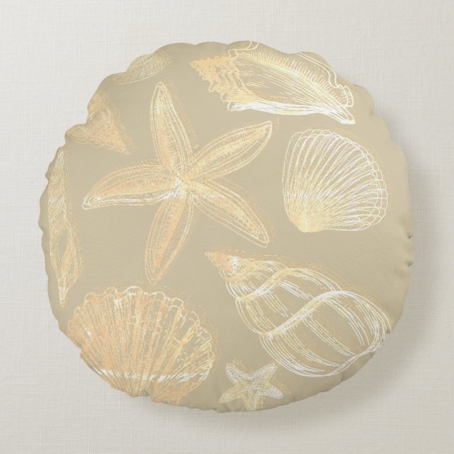 Neutral Sand Tan Beige Seashell Shells Beach House Round Pillow (Front)