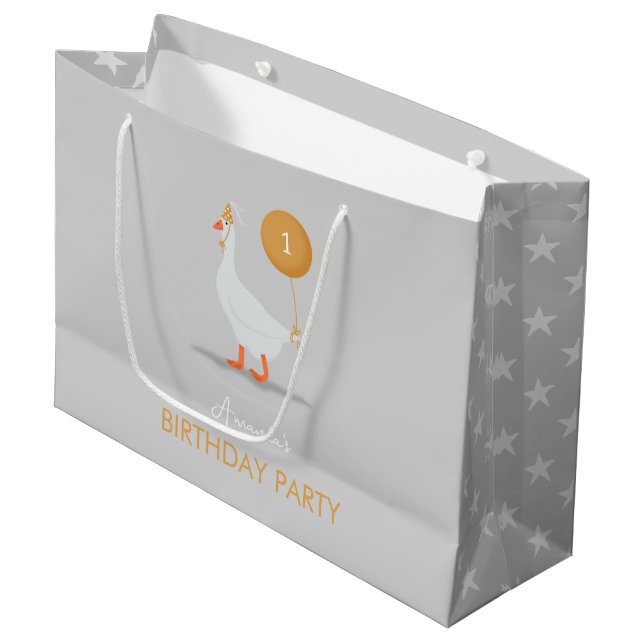 Neutral Silly Goose 1st Birthday Party Large Gift Bag (Front Angled)