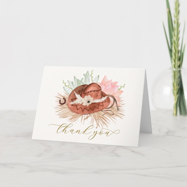 Neutral Simple Boho Cactus Cowboy Hat Baby Shower  Thank You Card (Front)