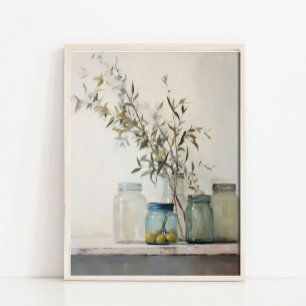 Neutral Still Life Painting, Vintage Olive Branche Poster