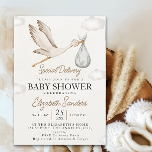 Neutral Stork Baby Shower – Sky with White Stork Invitation