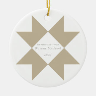 Neutral Stripe Quilt Star My First Christmas Ceramic Ornament