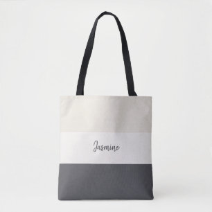 Neutral stripes personalize name tote bag