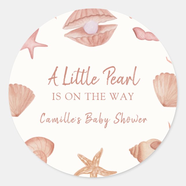 Neutral Summer Ocean Seashell Pearl Baby Shower  Classic Round Sticker (Front)