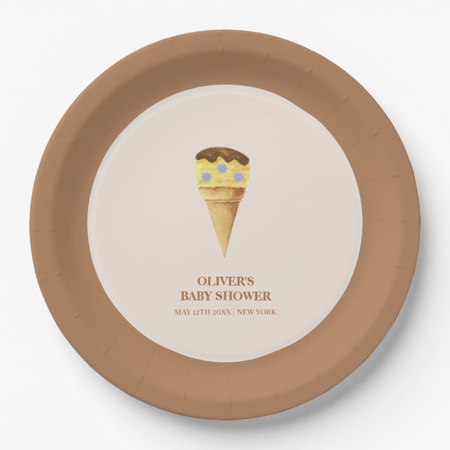 Neutral Summer Scoop Ice Cream Boy Baby Shower  Paper Plate (Front)