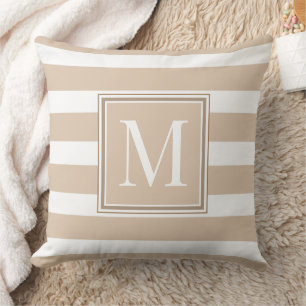 Neutral Tan and White Stripes With Brown Monogram Throw Pillow