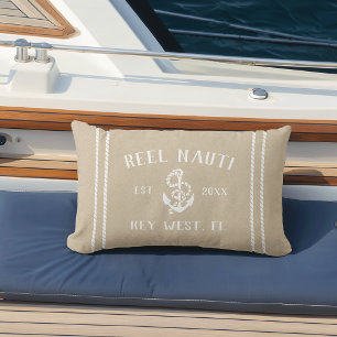 Neutral Tan Beige Personalized Boat Name Anchor Lumbar Pillow
