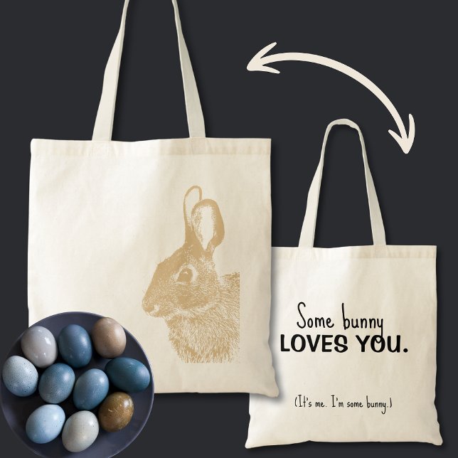 Neutral Tan Brown Easter Bunny Custom Text Tote Bag (Tan brown natural Easter bunny bag is so cute and a more earth-conscious way to celebrate.)