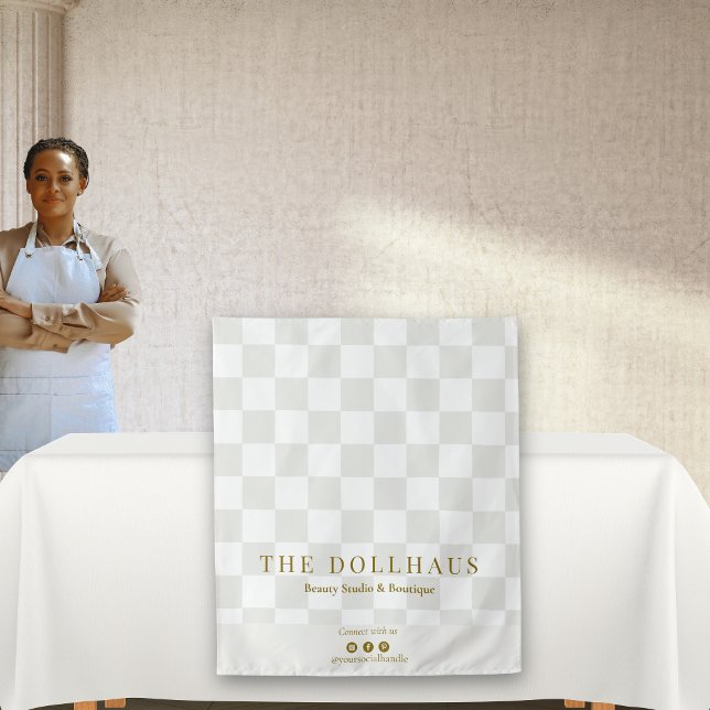 Neutral Tan Checkered Business Name Table Runner Tapestry (Creator Uploaded)