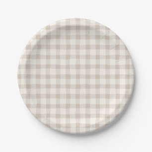 Neutral Tan Gingham Paper Plate