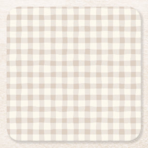Neutral Tan Gingham Square Paper Coaster