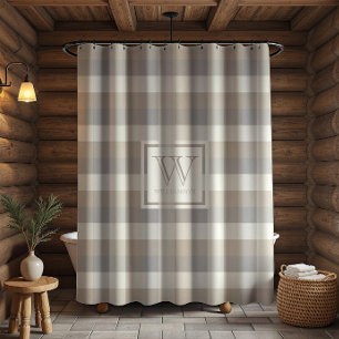 Neutral Tan Grey Ivory Rustic Plaid Monogram