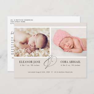Neutral Tan Modern Twins Birth Announcement Postcard