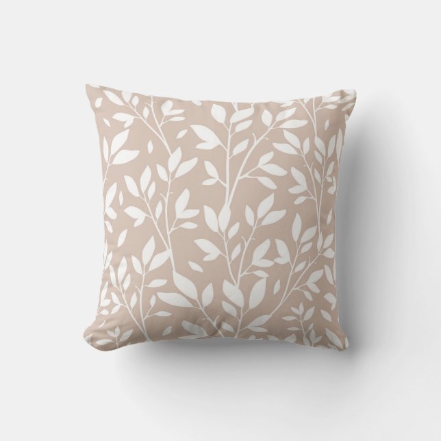 Neutral Tan White Leaf Farmhouse Country Pattern Throw Pillow (Front)