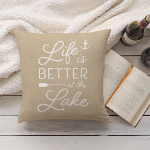 Neutral Tan & White Life Is Better At the Lake Throw Pillow
