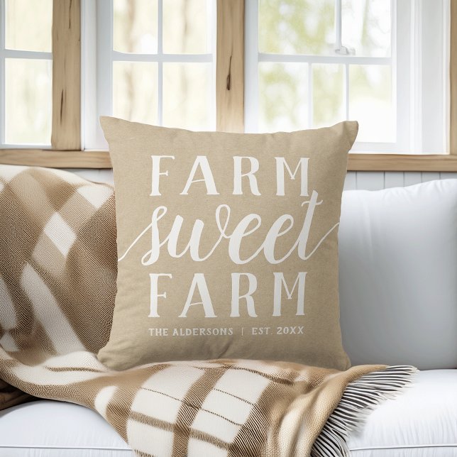 Neutral Tan & White Personalized Farm Sweet Farm Throw Pillow (Creator Uploaded)