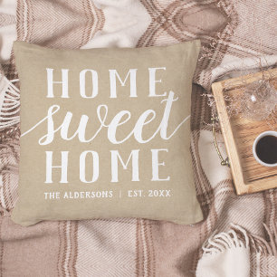 Neutral Tan & White Personalized Home Sweet Home Throw Pillow