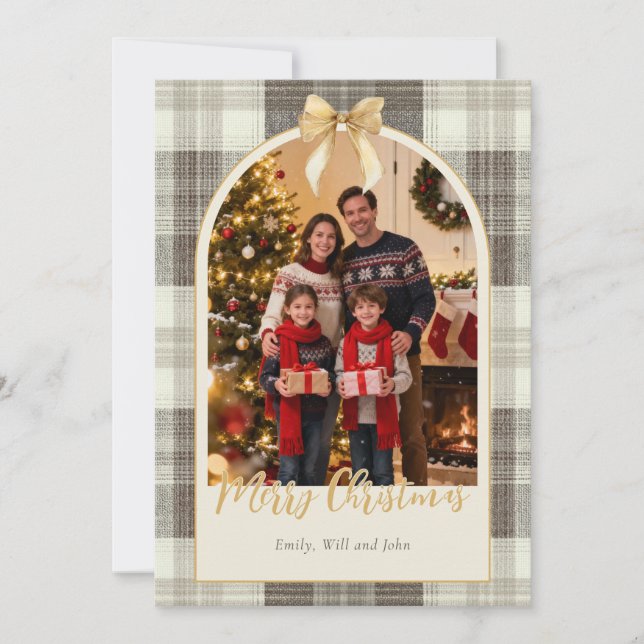Neutral Tartan Bow Christmas One Photo Holiday Card (Front)