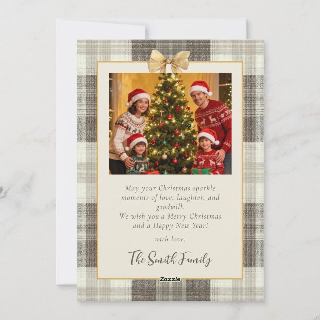Neutral Tartan Bow Christmas Two Photo Holiday Card (Back)
