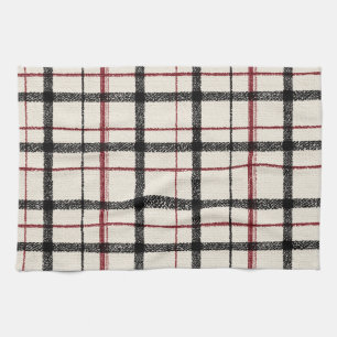 Neutral tartan white black and red kitchen towel