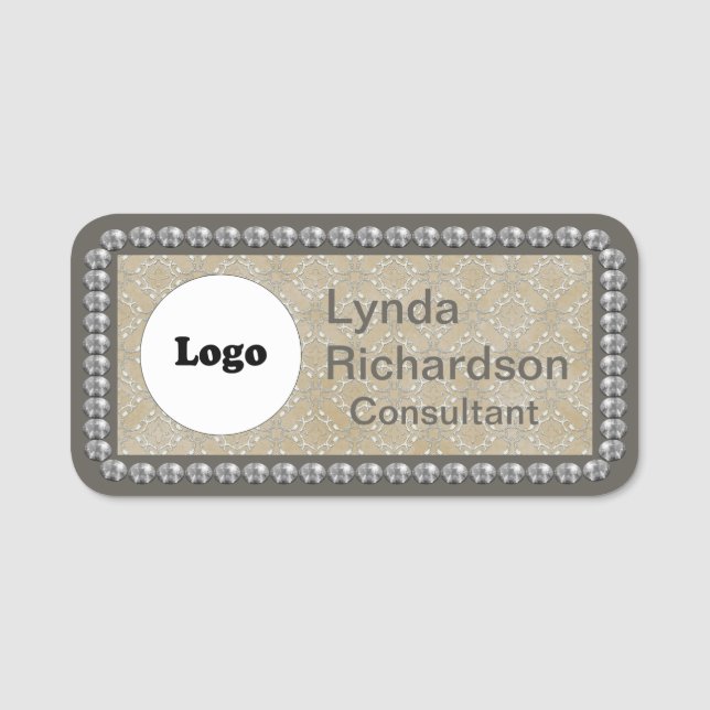 Neutral Taupe Beige and Silver Bling NAME TAG (Front)