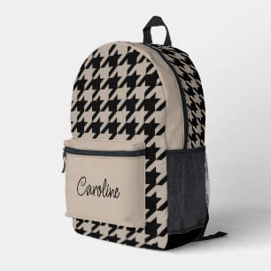 Neutral Taupe Beige Black Houndstooth Pattern Printed Backpack