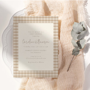 Neutral Taupe Beige Gingham Plaid Baby Shower Invitation