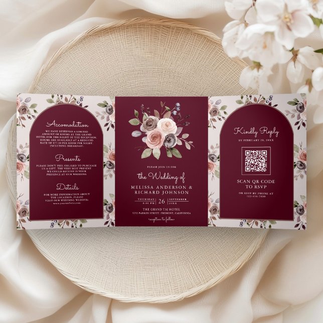 Neutral Taupe Floral QR Code Burgundy Wedding Tri-Fold Invitation (Creator Uploaded)