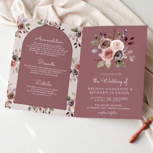 Neutral Taupe Floral QR Code Dusty Rose Wedding Invitation
