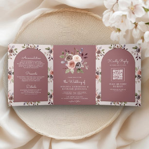 Neutral Taupe Floral QR Code Dusty Rose Wedding Tri-Fold Invitation