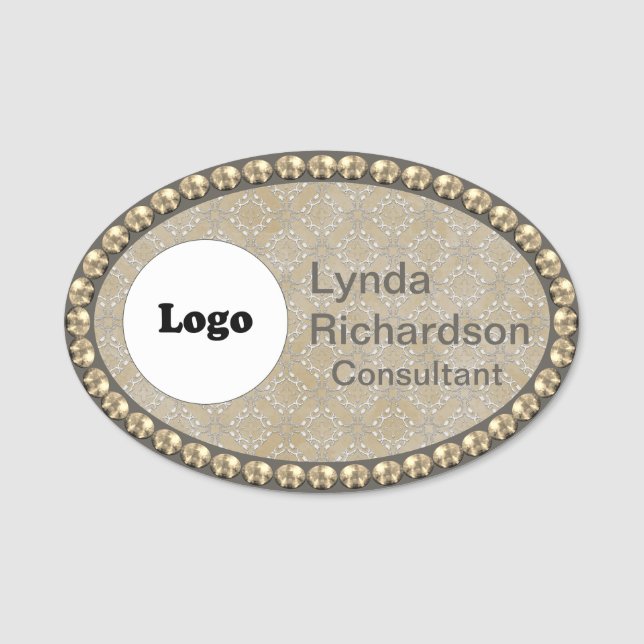 Neutral Taupe Gold Bling NAME TAG (Front)