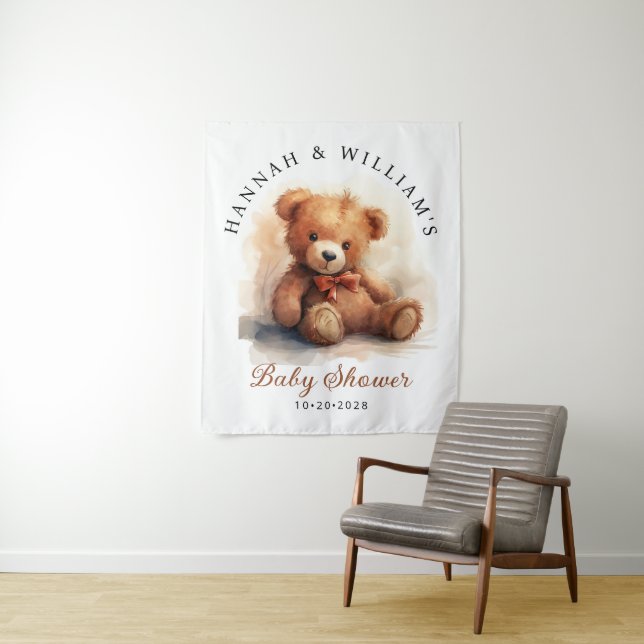 Neutral Teddy Bear Baby Shower Backdrop Tapestry (In Situ)